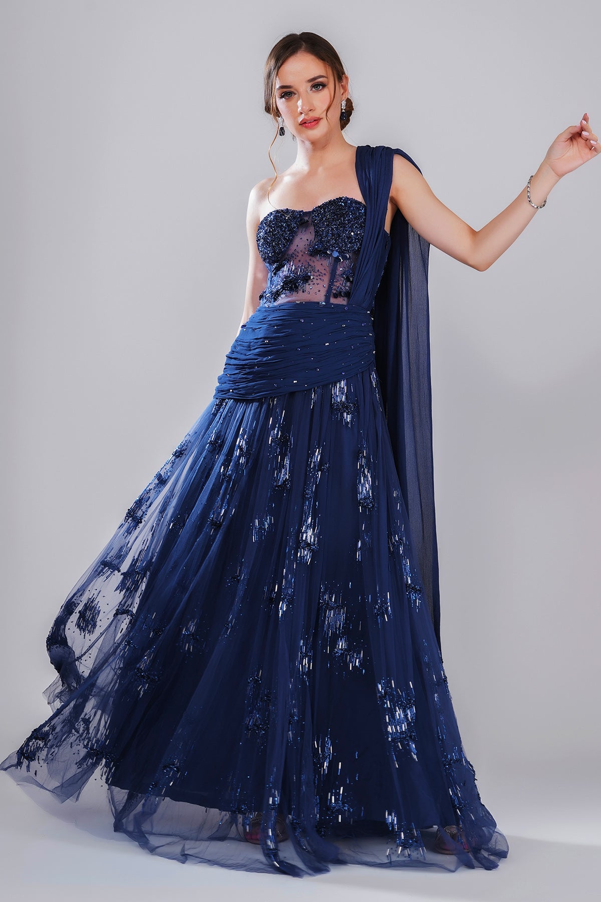 Buy Blue One Shoulder Pleated Gown by Smita Shrinivas for women online at ScrollnShops